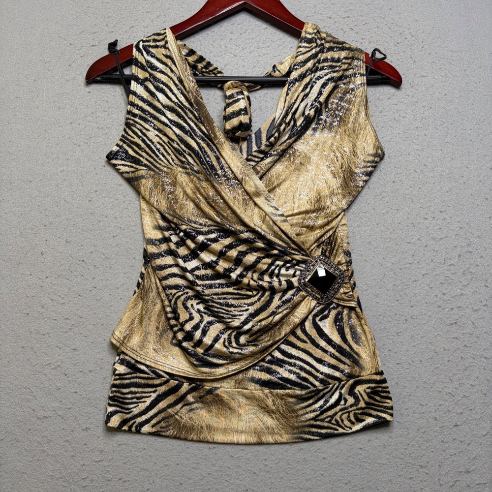 O Linda Blouse Women M Gold Animal Print Metallic Draped Rhinestone Buckle Top